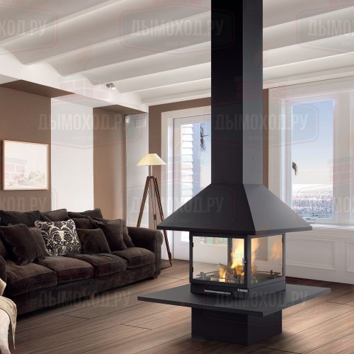 Камин VULCANO CENTRAL, со стеклом, полка-сталь, чёрный (Traforart)