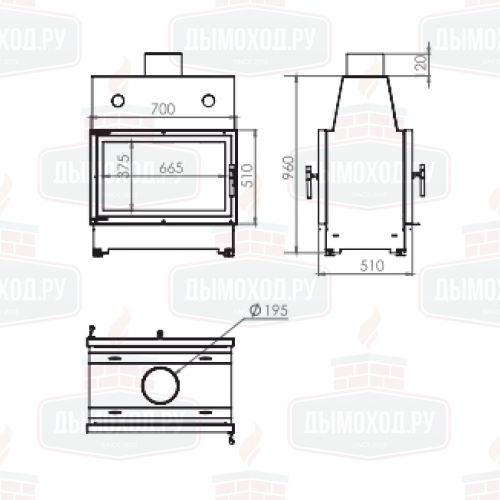 Топка ECT Double 70x51/C 13 кВт, 700/510, туннель, футеровка чугун