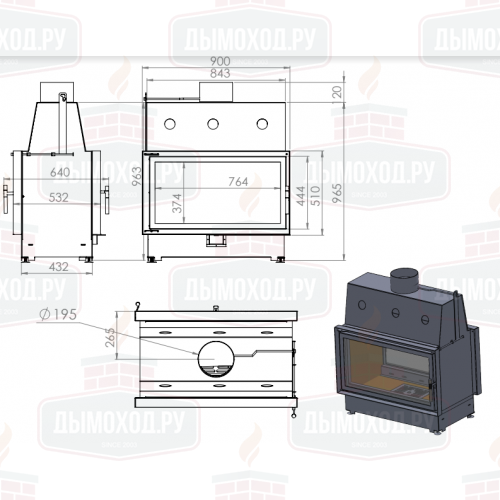 Топка ECT Double 90x51/C 15 кВт, 900/510, туннель, футеровка чугун