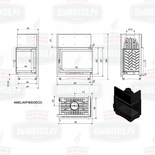 Топка AMELIA/P/BS/DECO, Г-образное стекло справа