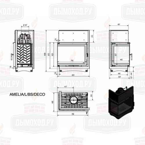 Топка AMELIA/L/BS/DECO, Г-образное стекло слева