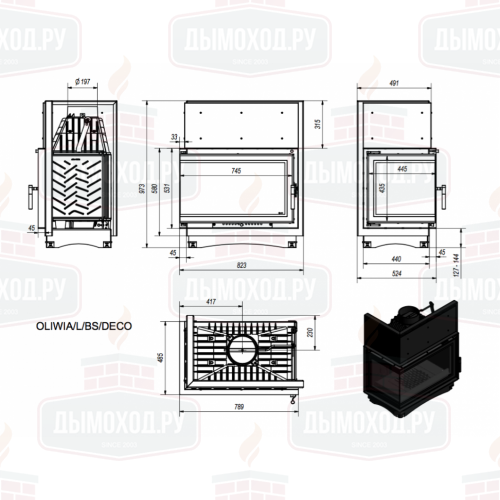Топка OLIWIA/L/BS/DECO, Г-образное стекло слева