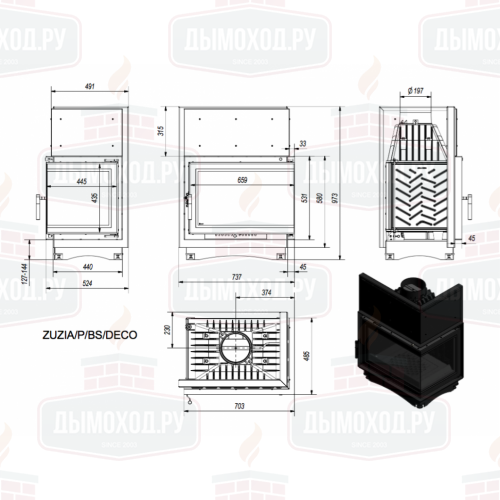 Топка ZUZIA/P/BS/DECO, Г-образное стекло справа