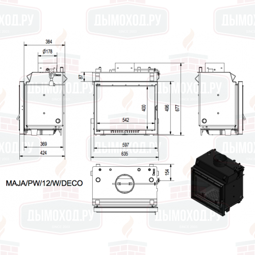 Топка с водяным контуром MAJA/PW/12/W/DECO, змеевик
