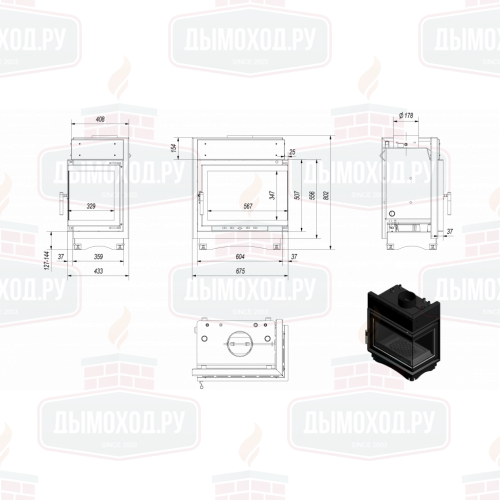 Топка с водяным контуром MAJA/PW/BP/12/BS/W, Г-образное стекло справа, змеевик