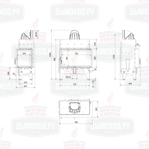 Каминная топка FLOKI/M/P угловое стекло справа